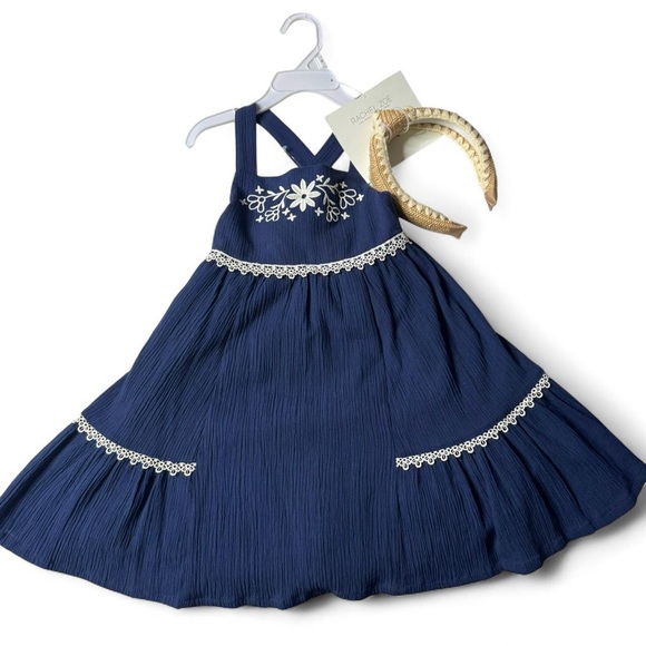Rachel Zoe Toddler Girl Floral Embroidered Navy Dress + Headband Size 4 NWT - Picture 1 of 9
